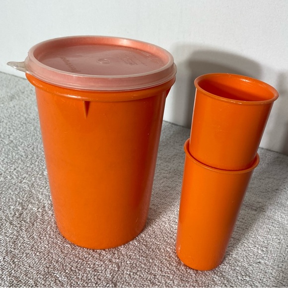 Tupperware Other - Vintage Tupperware Orange Handolier Plastic Storage  Canister W Lid & 2 Cups Set